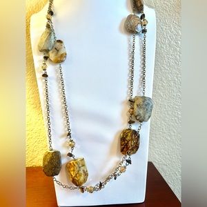 Pier 1 Long Natural Stone and Antique Gold Tone Necklace